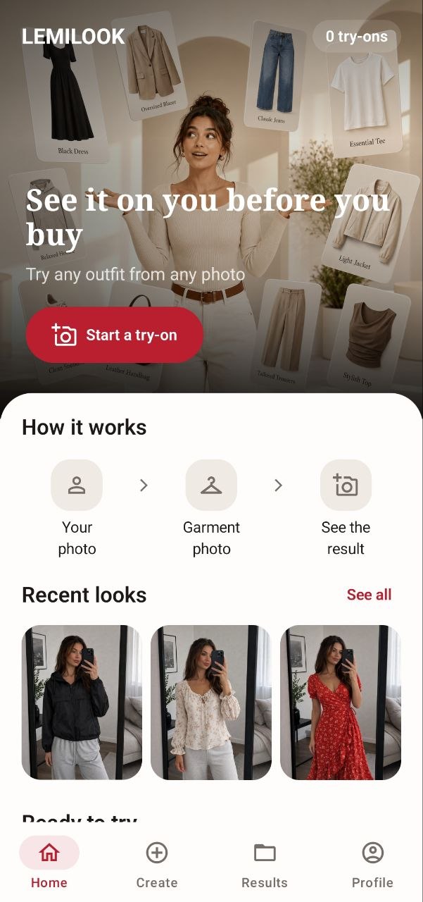 Lemilook virtual try-on application showing AI-generated outfits